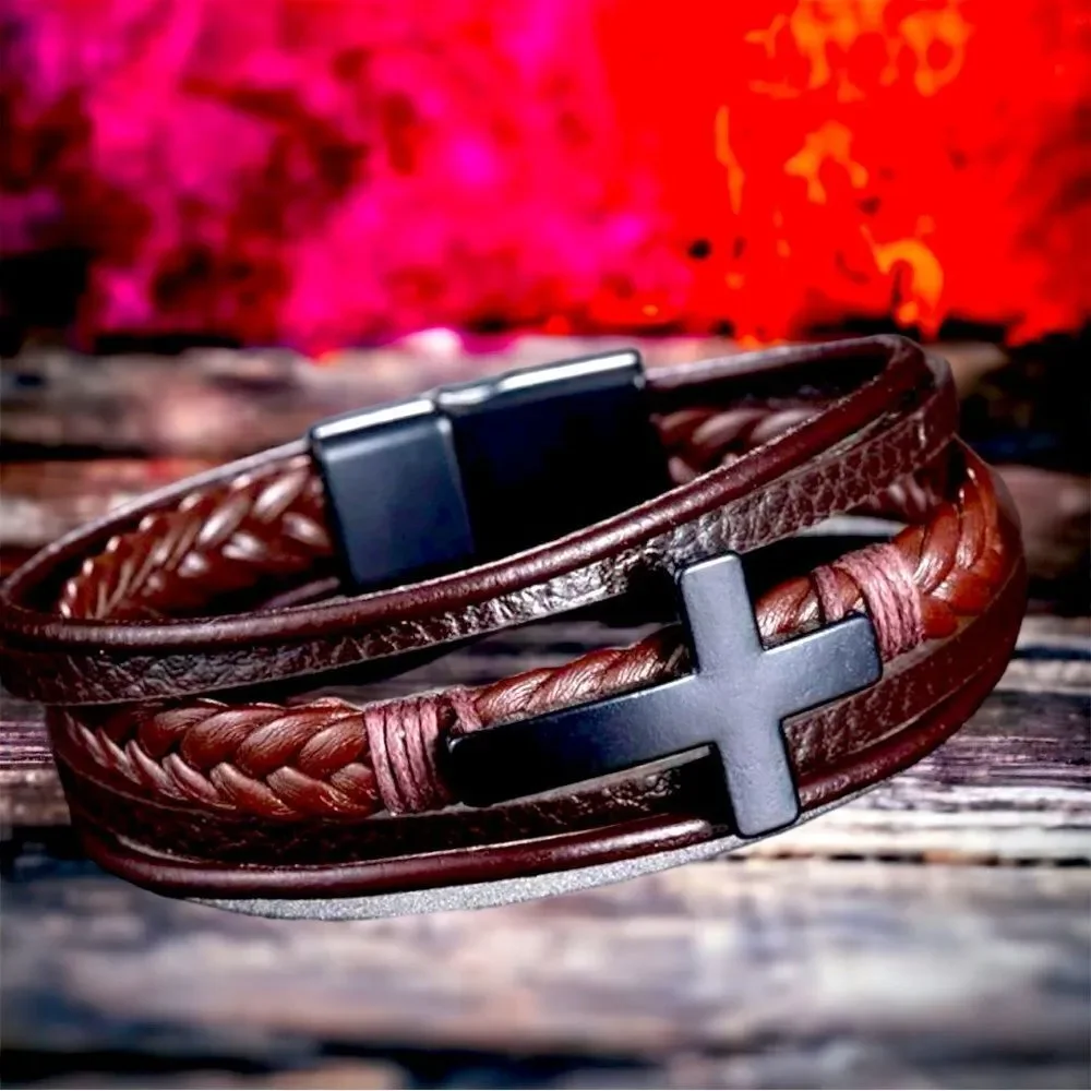 Men’s 5-strand l Leather Cross l Bracelet l Magnetic Closure l Brown/Black l New